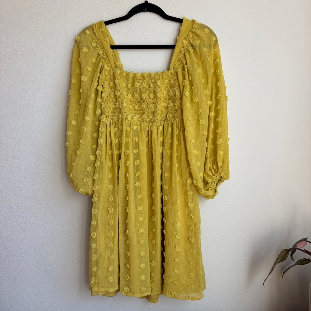 Listicle‎ Yellow Swiss Dot Smocked Long Sleeve Mini Dress